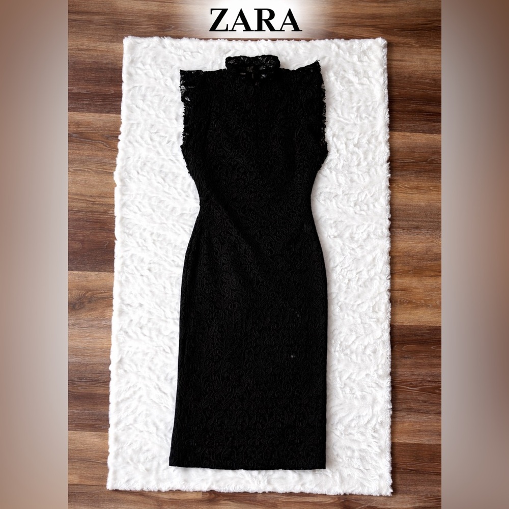 Women’s ZARA Black Lace Midi Dress Romantic Lace Ruffle Sleeve Dress